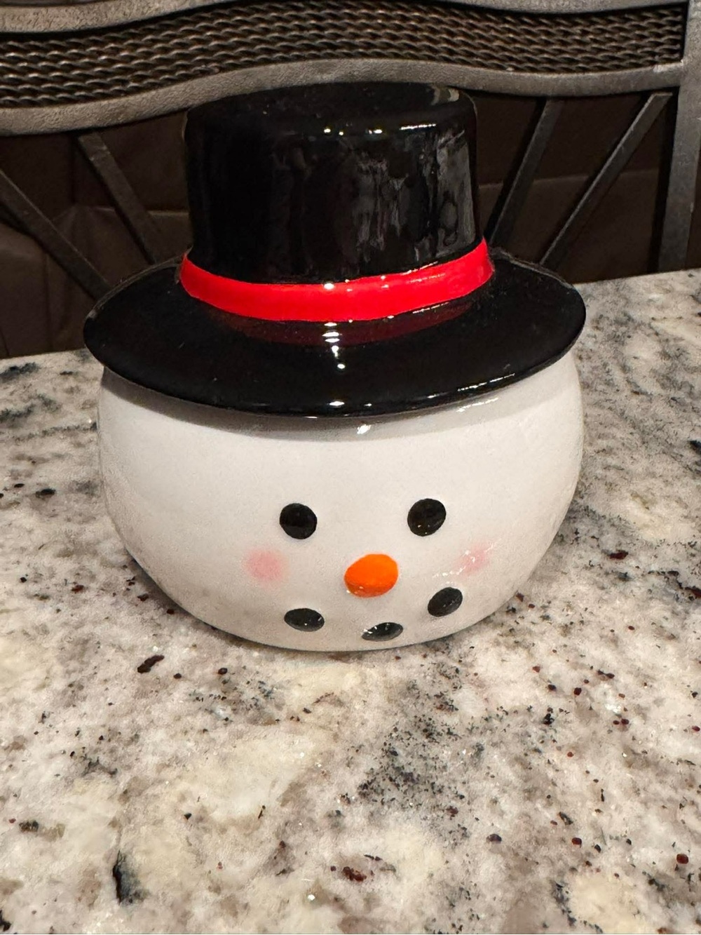 Ceramic Snowman Jar - White with Black Hat and Red Trim
